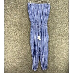 Blue Island Jumpsuit Women S Small Blue Striped Drawstring Strapless Rayon